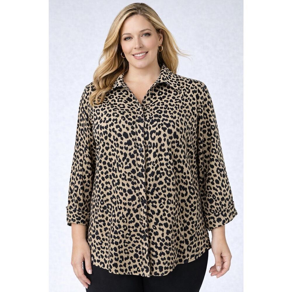 BFA Classics Leopard Print Button Up Blouse 2X Animal Print Career Top